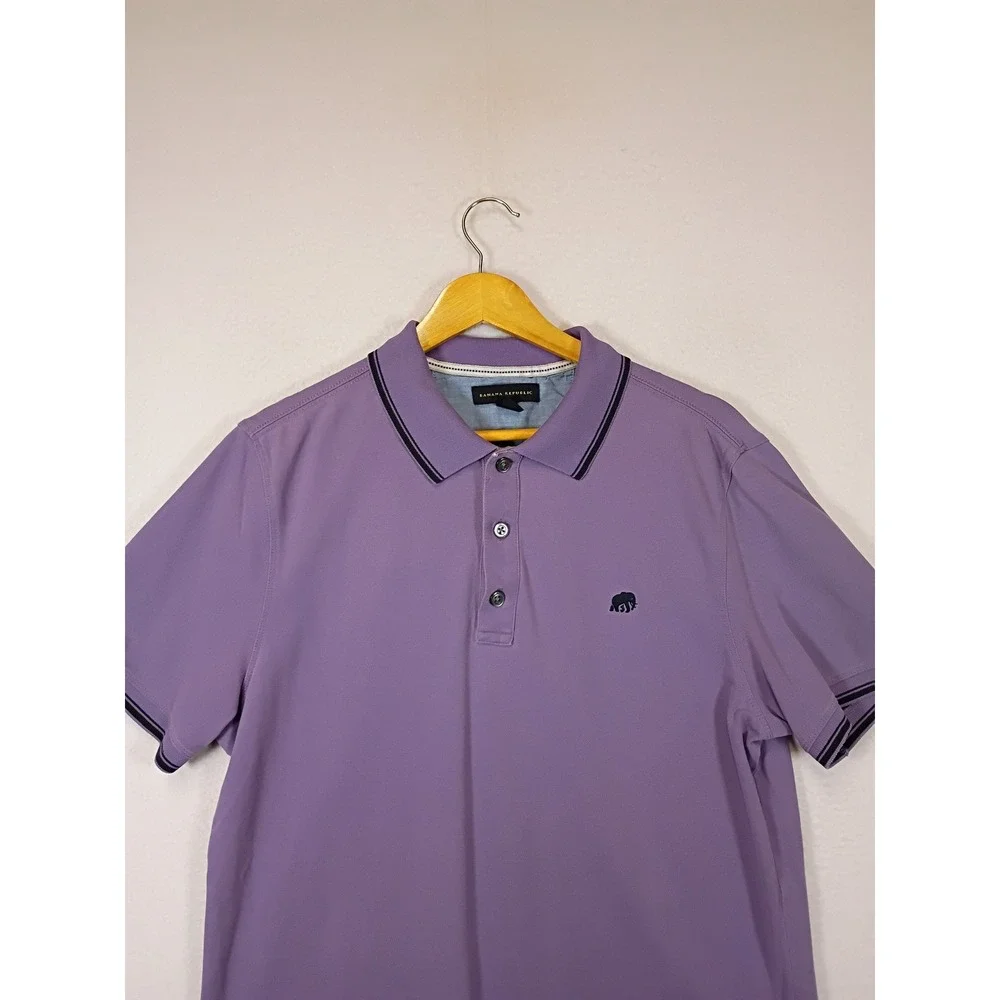 Preppy Banana Republic Mens Medium Purple Short Sleeve Tipped Elephant Logo Polo